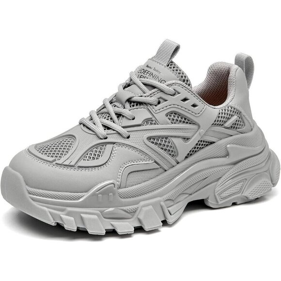 Women Grey Chunky Sneakers Casual Lace-up Walking Shoes - Picture 1 of 7